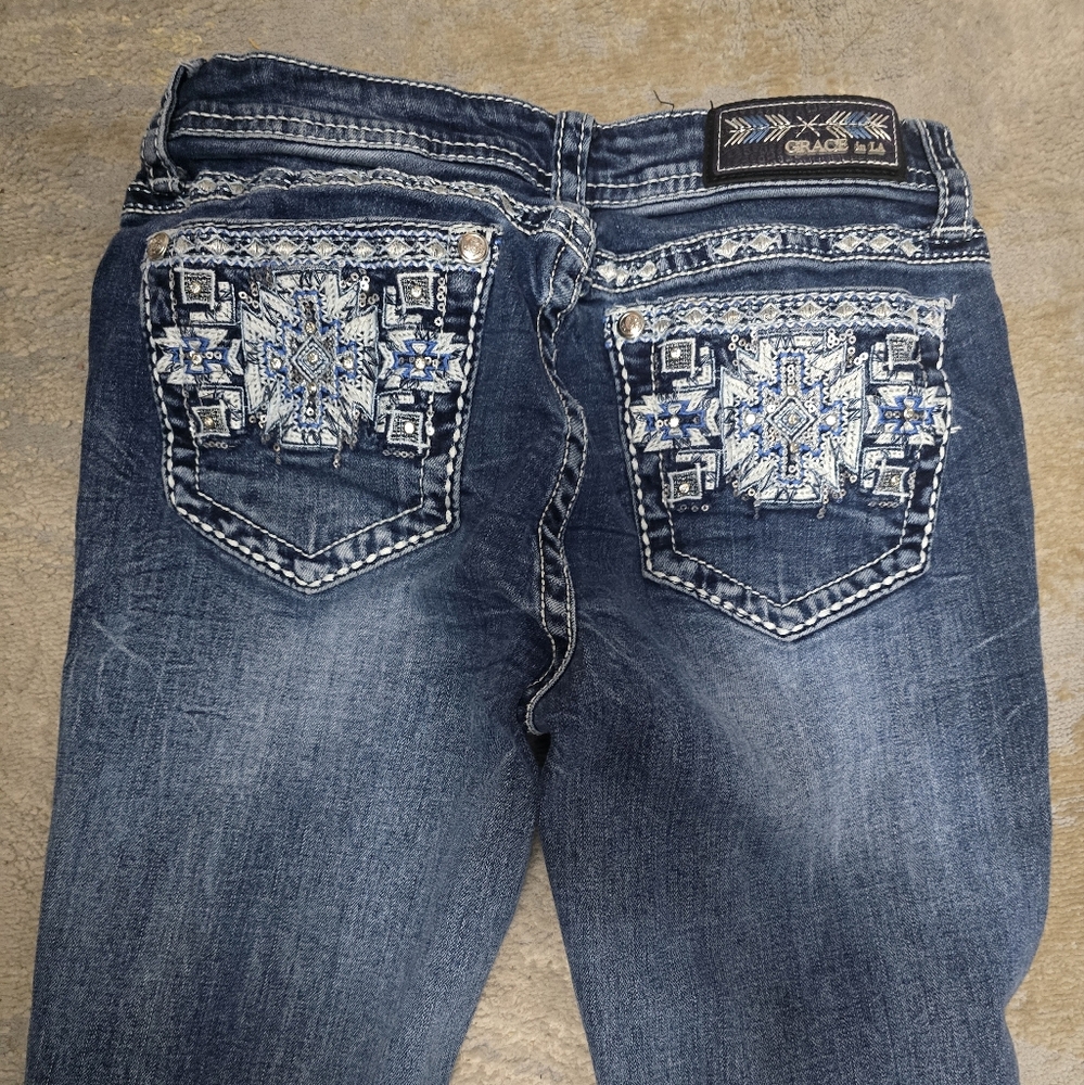 Grace in LA Women's Dark Blue Embroidered Boot Cut Jeans - Picture 12 of 12